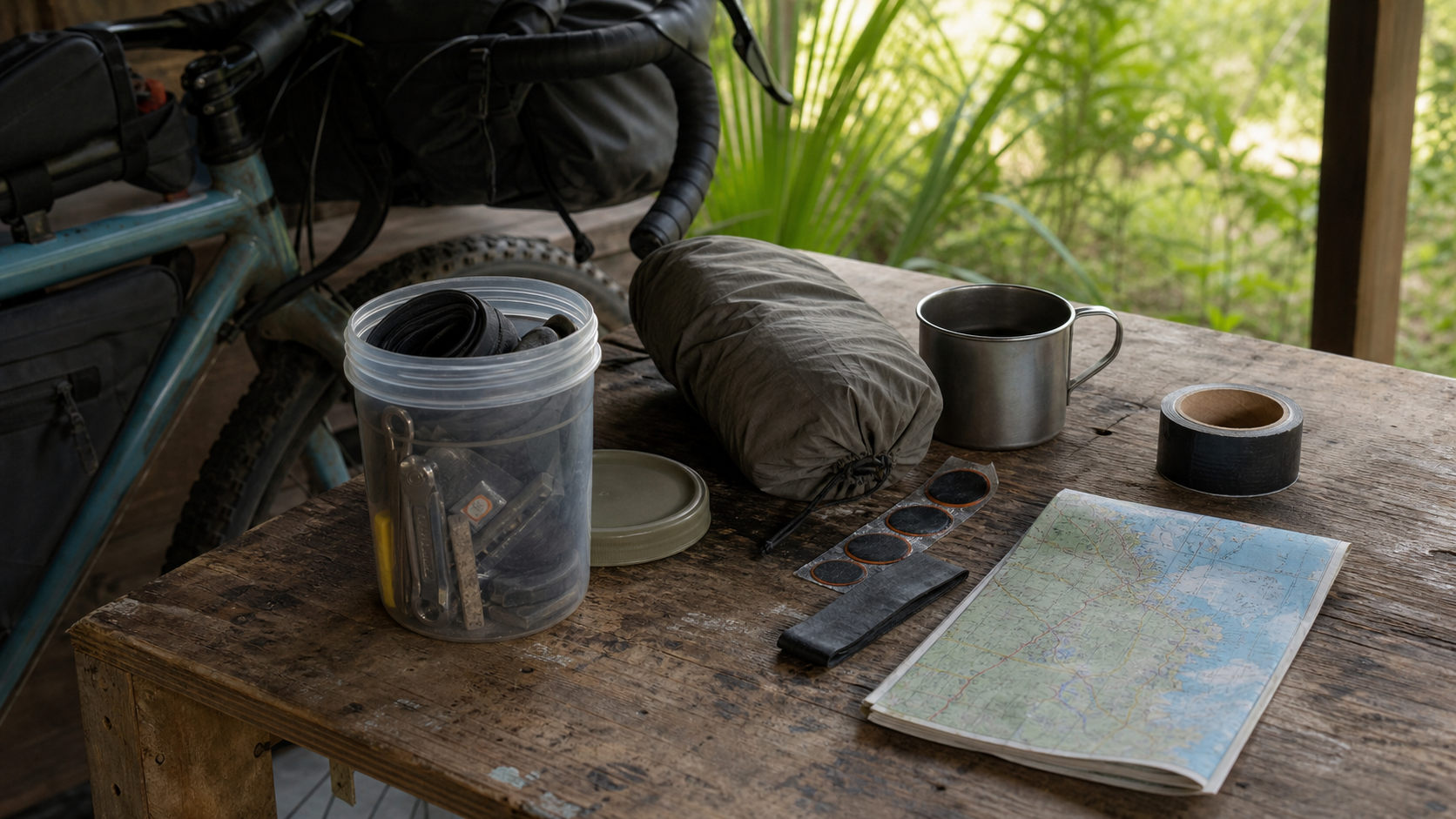 Bikepacking bike beside a workbench with a reusable container, stuff sack, mug, tape, and map