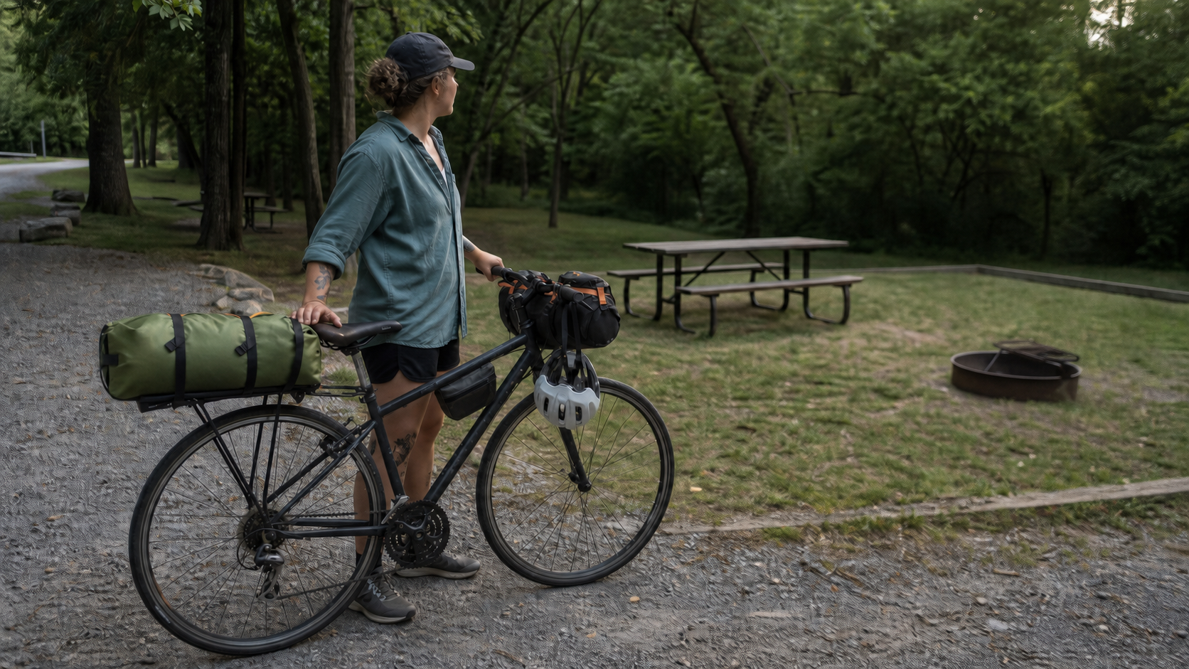 Bikepacker arriving at a wooded campground with a loaded bicycle