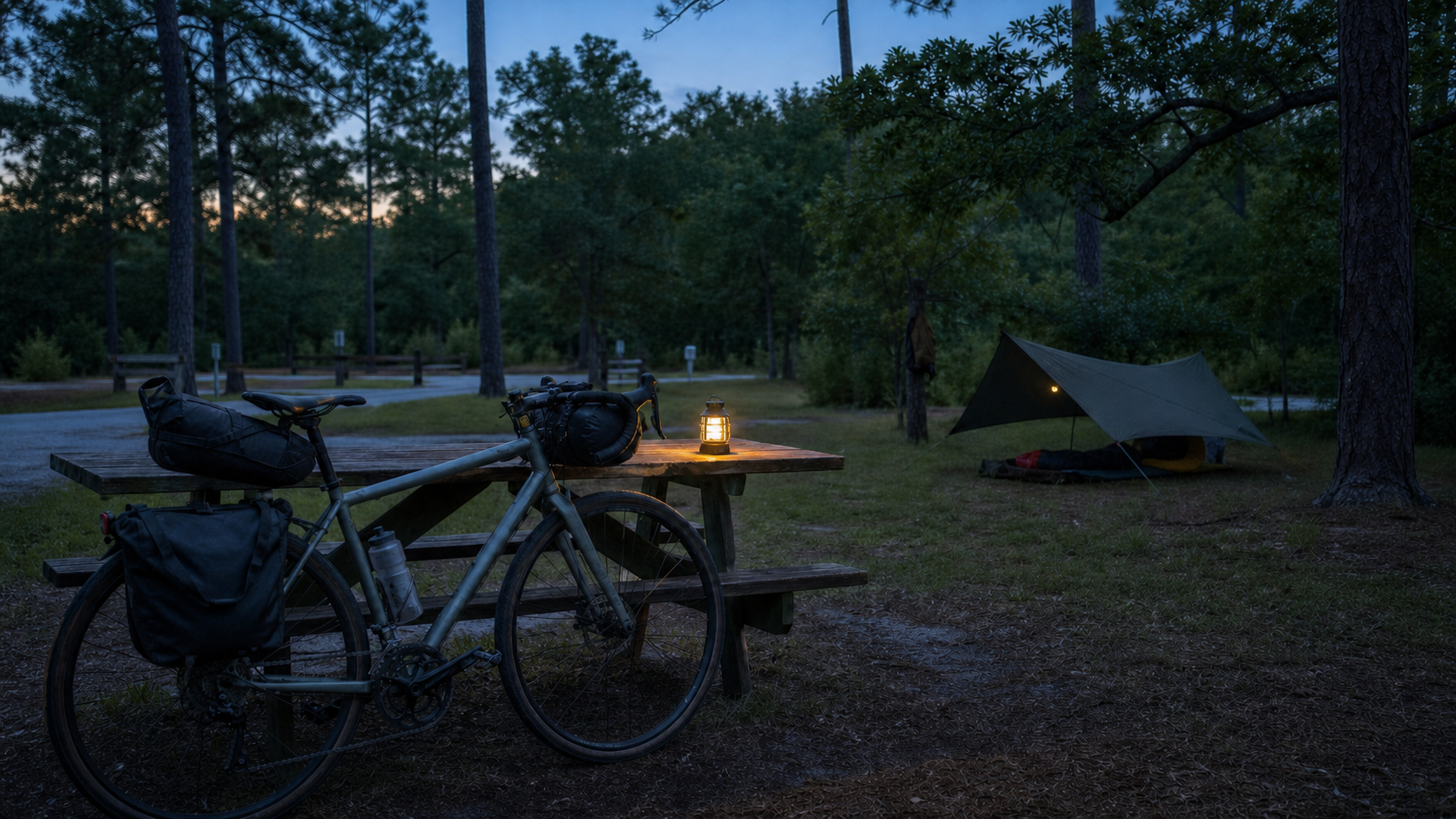 Illustrative overnight camp setup with a lightly loaded commuter bike at dusk