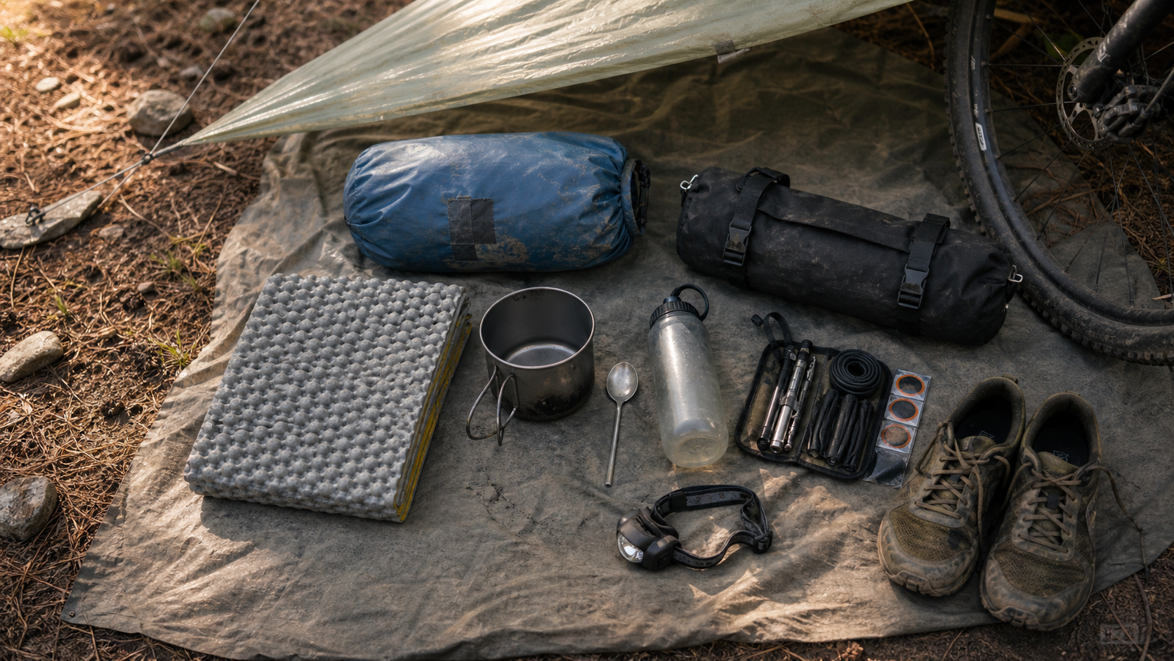 Illustrative layout of simple, well-used bikepacking gear for an overnight