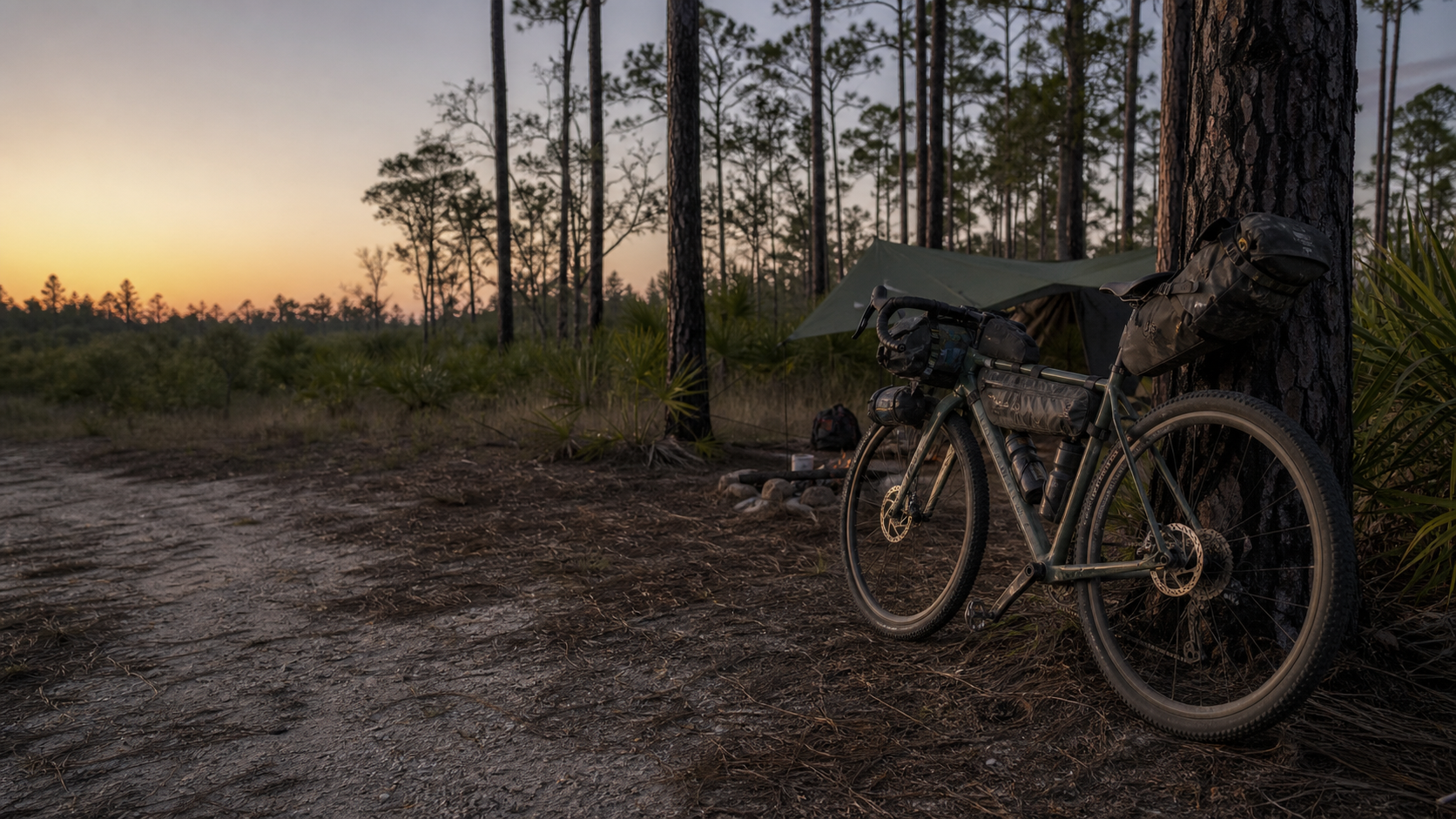 Loaded bike at a simple overnight campsite in Central Florida pine woods